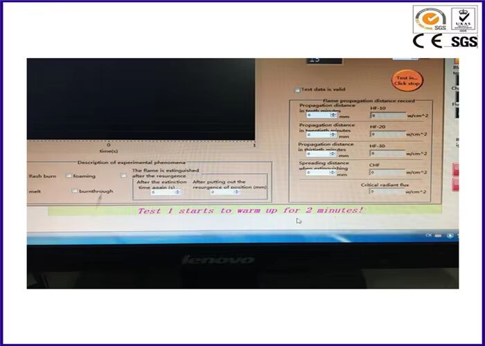 ISO 9239-1 ASTM E 846에 해당하는 바닥 방사성 열 흐름 테스트 장치, 조절 가능한 불꽃 높이 60-120mm 및 0-15 Kw/m2 열 흐름 측정
